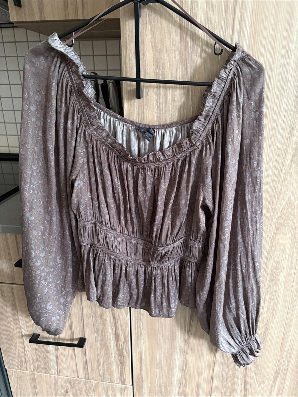 Taupe Peasant Blouse with Subtle Animal Print